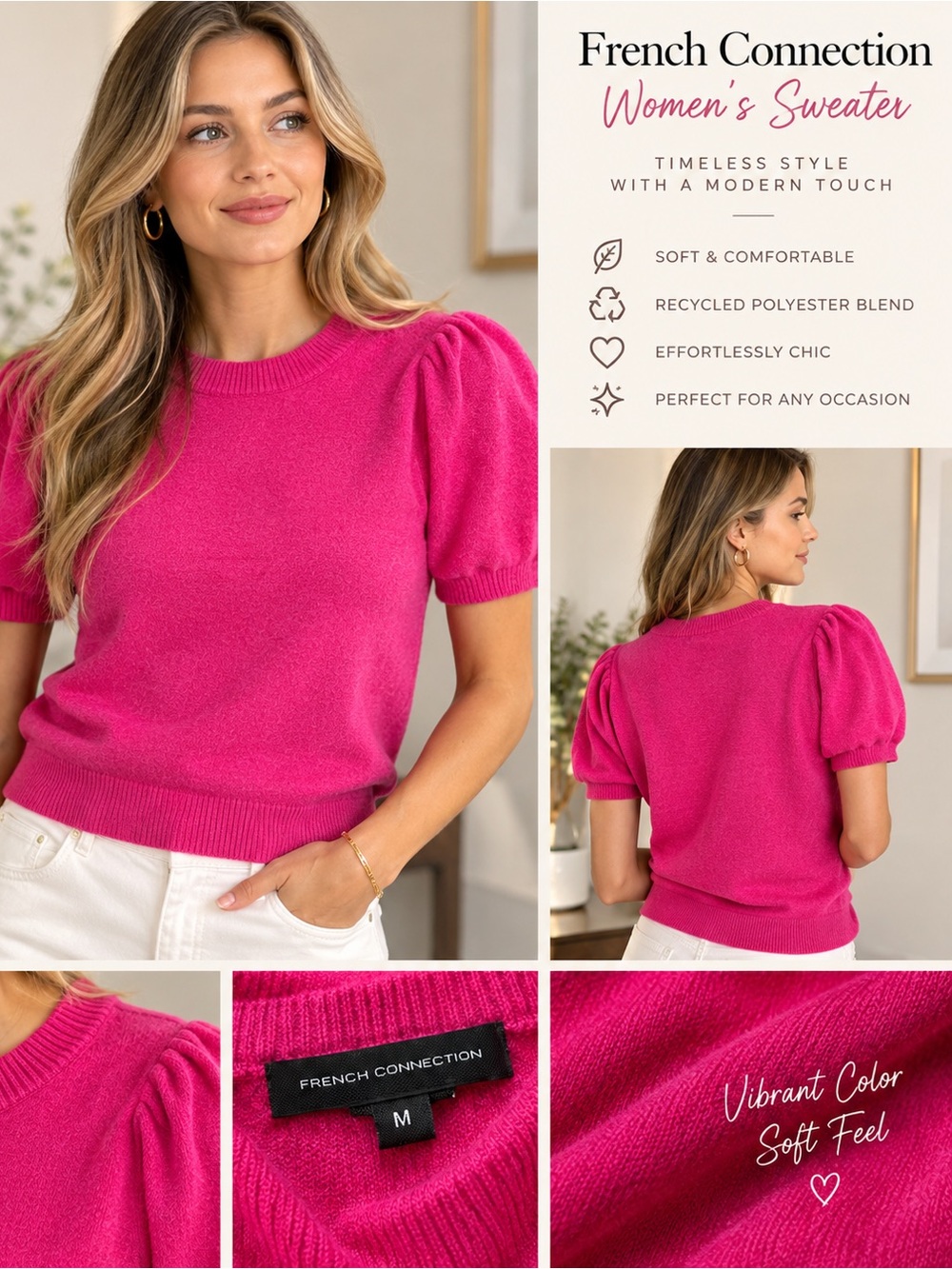 💗 French Connection Women’s Pink Knit Sweater — Size M NWT